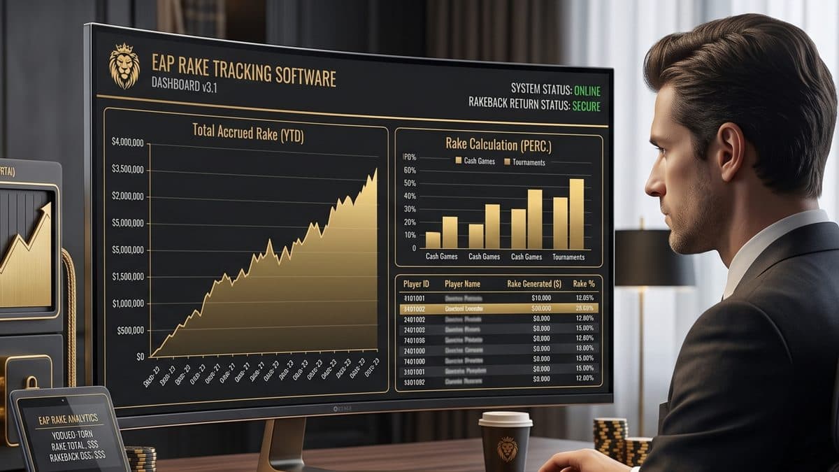 Poker Rake Guide: Man uses rake tracking software with data, charts, and percentages for players.