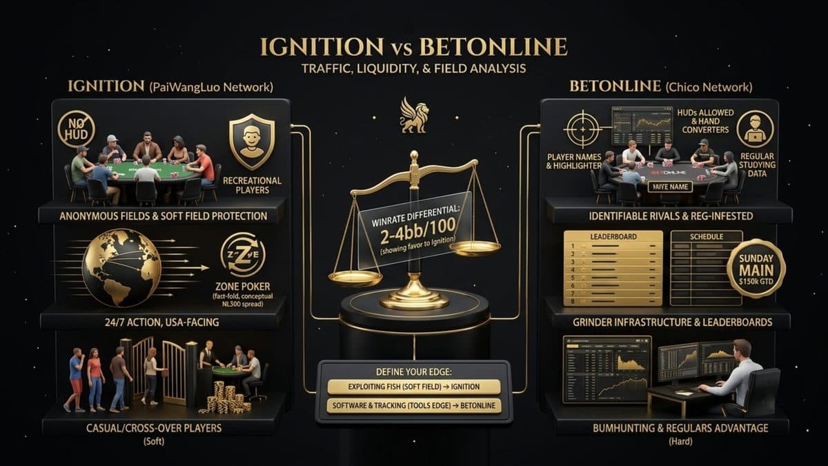 Infographic: Ignition vs BetOnline Poker Comparison (2026) covering traffic, player pools, and winrate advantage across US poker sites.