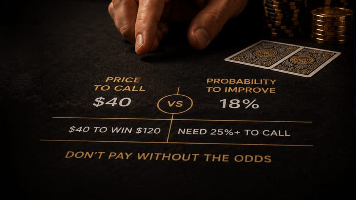 Cálculo de Pot Odds en póker: $40 para igualar vs 18% de probabilidad. Se requiere 25%+ para el call correcto.
